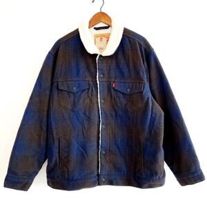 Levi's Brown & Blue Oversized Plaid Flannel Sherpa Lined Trucker Jacket Men's XL
